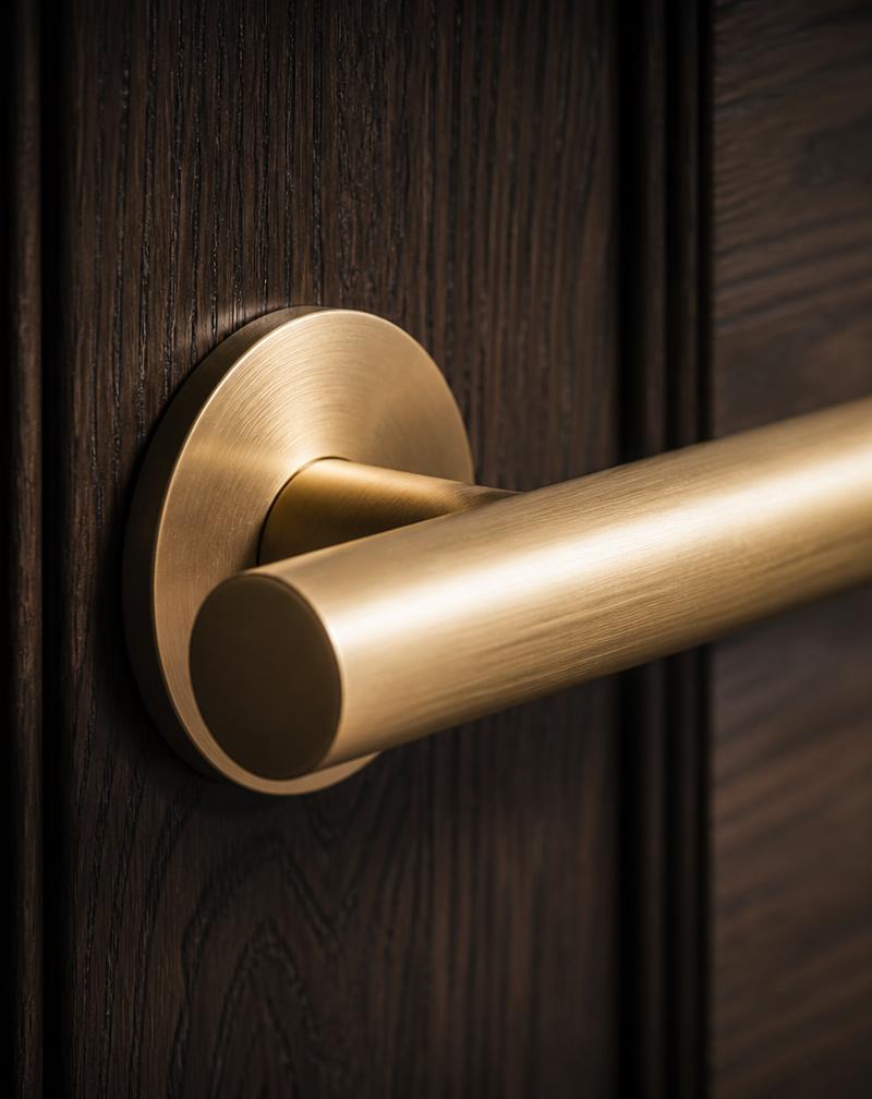 Detail van een geborsteld messing deurkruk op massief eiken